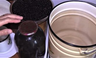 Luați o cratiță mare și turnați în ea volumul specificat de apă. Se pune pe foc si se aduce la fierbere. Umpleți borcanul cu fructe de pădure cu apă până la gât. Acoperiți cu capace și lăsați să stea 15 minute.