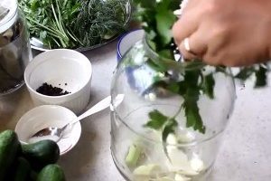 Cho một ít tép tỏi, thì là và mùi tây vào bình 3 lít đã rửa sạch và đun sôi.