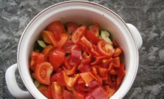 Snijd de tomaten in kleine plakjes en leg ze bij de komkommers. Volg ze met in blokjes gesneden paprika.