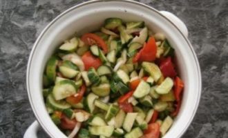 Meng diverse groenten met de aangegeven hoeveelheid suiker, zout, plantaardige olie en azijn. Meng de ingrediënten en laat ongeveer een uur staan ​​totdat het sap vrijkomt.