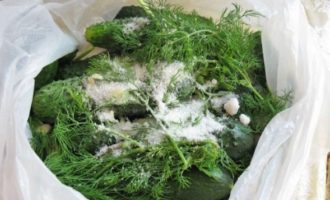 Lägg hackad gurka i påsar (ta två påsar), tillsätt hackad dill och vitlök och strö över malen peppar, salt och socker. 