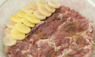Đặt thịt lợn lên trên, muối và hạt tiêu. Bạn có thể phủ thịt với sốt mayonnaise và sốt kem chua. Xếp lớp khoai tây thứ hai chồng lên nhau và nêm gia vị cho vừa ăn.