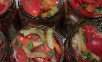 Paghaluin nang mabuti ang salad at ilagay sa mga inihandang garapon. 