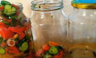 Giet 5 erwten piment in schone literpotten. Plaats er vervolgens de gehakte groenten compact in. Giet 5 erwten piment in schone literpotten. Plaats er vervolgens de gehakte groenten compact in.