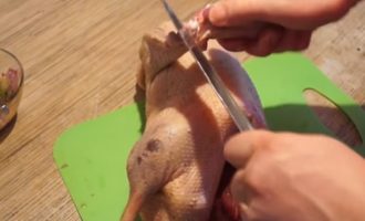 És millor tallar les ales, perquè es cremaran ràpidament al forn. També cal tallar el greix de la cua. És millor tallar les ales, perquè es cremaran ràpidament al forn. També cal tallar el greix de la cua.