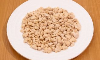 Låt oss börja samla salladen. Det kommer att se bäst ut på en stor, platt tallrik. Det första lagret är stekt kycklingfilé. Häll majonnäsnätet över köttet (nätet kan försiktigt bredas ut med sked eller kniv).