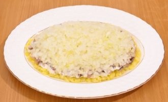 Deasupra heringului se pune ceapa la aburi, din care apa trebuie scursa foarte bine pentru a nu strica consistenta salatei. Deasupra acoperim din nou totul cu o plasă de maioneză.