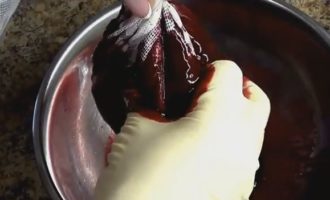 Kung pilitin mo ang cheesecloth, magsuot ng guwantes sa dulo at mag-squeeze ng mas maraming juice.