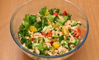 Afegiu el filet de peix picat i les verdures preparades a l'amanida.