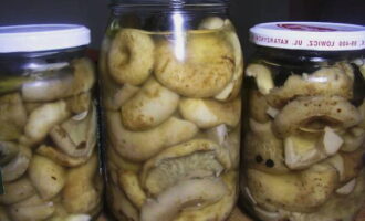 Punan ang mga nilalaman ng mga garapon ng mainit na tubig na natitira sa pagluluto ng mga mushroom ng gatas. Isinasara namin ang mga takip at ipinadala para sa imbakan. handa na!