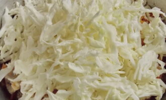 Mentre la carn es guisa amb ceba i pastanaga, piqueu ben fina la col blanca. Després ho amassem amb les mans per suavitzar les fibres rugoses i que quedi més tendre. Passat el temps especificat, aboqueu la col a la paella amb la resta d'ingredients.