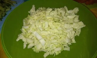 Gupitin ang Chinese cabbage sa maliliit na piraso.