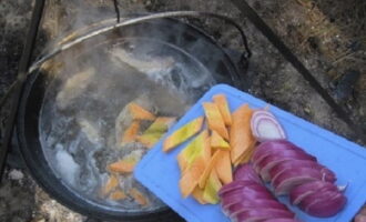 Curatam morcovii si ii taiem cubulete. Ceapa - jumatati de inele subtiri. Trimitem legume la carnea de porc.
