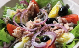 Puneți frunzele de salată verde spălate și uscate pe farfurii porționate sau într-un vas obișnuit de servire. Pune pe ele alternativ ouă și felii de roșii.Așezați bucățile de ton deasupra. Se adauga apoi maslinele, caperele si ceapa rosie. Stropiți salata cu ulei de măsline și stropiți cu suc de lămâie. Se presară sare și piper negru măcinat. Serviți salata imediat după preparare, înainte ca legumele să-și piardă prospețimea.