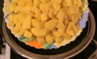 Nu schillen we de aardappelen, snijden ze ook in blokjes en plaatsen ze in een gewone schaal. Laat sudderen tot de aardappelen klaar zijn.