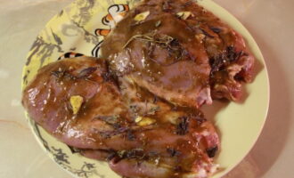 Aboqui la salsa tkemali sobre la carn, espolvorear amb sal, all picat i espècies al gust. Deixeu reposar el producte a la nevera durant aproximadament 1 hora.