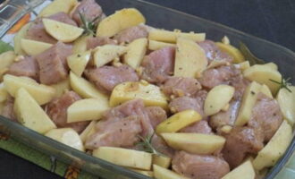 Barrejar les patates i la carn, afegir el llorer i el romaní. Col·loqueu el gall dindi i les patates en una safata apta per al forn. Barrejar les patates i la carn, afegir el llorer i el romaní. Col·loqueu el gall dindi i les patates en una safata apta per al forn.