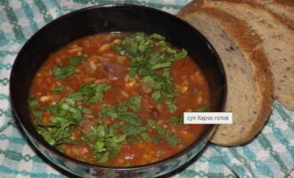 Kharcho s'ha de servir amb coriandre picat. També podeu afegir ceba verda o julivert. Aquest plat és una gran opció per dinar familiar. Kharcho és increïblement satisfactori, gruixut i aromàtic. Ara només queda passar-ho a un plat fons i decorar. Podeu provar el resultat del vostre treball!   