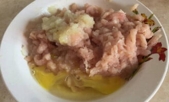 Passeu el filet de pollastre per una picadora de carn i barregeu-lo amb la meitat de la ceba picada, la sal i l'ou. Barrejar la massa.