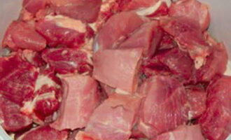 Hoe kook je de lekkerste shish kebab op de grill? Was het varkensvlees en snijd het in blokjes.