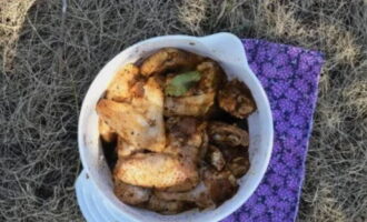 ขูดรากขิงล่วงหน้าโดยใช้เครื่องขูด วางไว้บนปีกไก่ หั่นพริกขี้หนูเป็นชิ้นเล็กๆ ผสมกับซีอิ๊วขาว 80 มิลลิลิตร ใส่เกลือ ใส่น้ำสลัดที่ได้ลงในชามที่มีปีกไก่ โปรดทราบว่าคุณจะต้องใช้เกลือเพียงเล็กน้อย พยายามอย่าหักโหมจนเกินไป เนื่องจากซีอิ๊วมีเกลืออยู่เป็นจำนวนมาก ควรคนปีกหลาย ๆ ครั้งเพื่อให้น้ำสลัดกระจายทั่วถึง ปล่อยให้หมักไว้อย่างน้อย 40 นาที หากคุณต้องการให้ปีกไก่มีรสชาติดีมาก ให้ปล่อยไว้อย่างน้อยหนึ่งชั่วโมง  