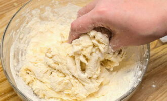 Després d'això, pasteu la massa. Comencem a pastar amb una cullera fins que assoleixi la densitat desitjada. Aleshores, quan espesseixi i la seva consistència sigui més espessa, pasteu-lo amb les mans. Podeu mullar-vos les mans: així evitaràs que la massa s'enganxi. 