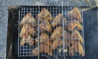 เมื่อปีกไก่หมักจนสุกแล้ว ให้นำไปย่างบนตะแกรงพยายามรักษาระยะห่างระหว่างพวกเขาให้เท่ากัน คุณยังสามารถเสียบปีกได้ อย่างไรก็ตาม ในกรณีนี้ แต่ละปีกจะต้องร้อยเกลียวเข้ากับไม้เสียบสองอันในเวลาเดียวกัน เปิดเตาถ่านย่างล่วงหน้า วางตะแกรงบนตะแกรงแล้วเริ่มปรุงปีกไก่ คุณต้องหมุนปีกทุกๆ 3 นาที เป็นผลให้เนื้อควรปรุงอย่างเท่าเทียมกัน ปีกจะพร้อมหลังจากผ่านไป 15-20 นาที อย่างไรก็ตาม เวลานี้อาจแตกต่างกันไปขึ้นอยู่กับความร้อนของถ่านหิน 