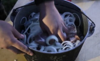 Schil, was en snipper de ui. Misschien verschillende opties voor het snijden van uien voor de barbecue. Het hangt er allemaal vanaf of je het vervolgens samen met het vlees gaat bakken. Als je niet van gebakken uien houdt, snijd ze dan in ringen. Hierdoor komt er sap vrij, wat helpt bij het marineren van het vlees. Als je het gaat frituren, ga dan als volgt te werk. Snijd de onderkant en de bovenkant van de gepelde ui af, plaats hem op de snede en snijd hem als een appel in 4 delen. Verdeel elke resulterende ui in bloemblaadjes, die u later gemakkelijk aan spiesjes kunt bevestigen.Voeg na het hakken van de ui deze toe aan het vlees en meng voorzichtig. Dek de schaal waarin het vlees wordt gemarineerd af met een deksel of huishoudfolie en laat 5-10 uur staan. Na deze tijd kunt u beginnen met het grillen van de kebab.