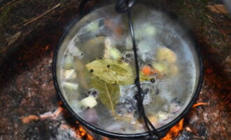 Torneu a col·locar el peix al calder. Afegiu-hi sal, pebre i fulles de llorer. Mantenir al foc durant 10 minuts.