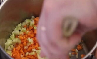 Hacka de skalade morötterna och sellerin så fint som möjligt. Värm en djup kastrull med vegetabilisk olja och lägg till hackade grönsaker där.Stek i fem minuter på låg värme.