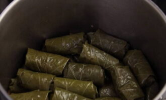 Lägg vikta blad med köttfärs på de uppvärmda morötterna och sellerin, tätt intill varandra. Tillsätt tillräckligt med vatten i pannan för att täcka dolman och täck med ett fat. 