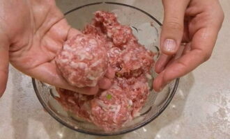 Cum să gătești cuiburi de paste cu carne tocată într-o tigaie? Curățați ceapa, tocați și amestecați cu carnea tocată. Adăugați sare, piper și amestecați din nou bine. Împărțiți masa în părți aproximativ egale în funcție de numărul de cuiburi de paste preparate și formați chiftele mici.
