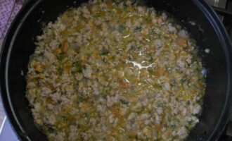 Afegiu la carn picada a les verdures.Salar i pebre la massa, remenar-la i coure durant 5-10 minuts. Afegiu la carn picada a les verdures. Salar i pebre la massa, remenar-la i coure durant 5-10 minuts.