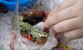 Cho cà chua vào túi đựng thực phẩm, sau đó cho thì là băm nhỏ, tỏi và ô thì là, cũng như muối, đường, tiêu và lá cải ngựa.