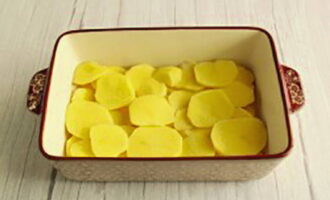 Hugasan ang mga patatas, alisan ng balat at gupitin sa manipis na hiwa. Maglagay ng isang layer ng patatas sa isang heat-resistant dish at asin ayon sa panlasa.