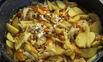 Stropiți tocanita cu sare și piper negru, după gustul dvs. personal. Se diluează pasta de roșii în apă și se toarnă acest sos peste legume. Acoperiți tigaia cu un capac și fierbeți tocana la foc mic până când cartofii sunt complet copți. Spre sfârșitul tocanei, adăugați usturoi tocat cu eventualele condimente la tocană, amestecați din nou și stingeți focul.