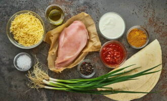 Cum să faci quesadilla acasă? Să pregătim produsele necesare. Decongelați fileul de pui în prealabil, radeți brânza tare.