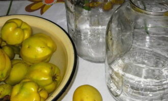 Paano maghanda ng masarap na quince compote para sa taglamig sa isang 3 litro na garapon? Ibabad ang quince sa malamig na tubig at banlawan itong maigi. I-sterilize namin ang isang tatlong-litro na garapon na may takip sa anumang maginhawang paraan.