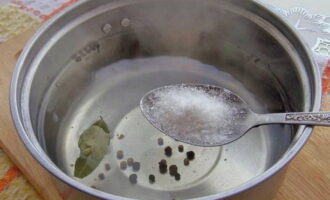 Bullir aigua en una cassola juntament amb fulles de llorer i grans de pebre. Aquí desfem la sal.