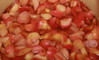 Doe de stukjes fruit in het hete mengsel en breng de inhoud aan de kook.