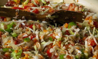 Combina tots els ingredients en un bol comú. Els complementem amb sal, sucre, vinagre i oli vegetal. Remeneu la mescla, deixeu-la reposar 1 hora i després deixeu-ho coure a foc lent durant 20-30 minuts. Combina tots els ingredients en un bol comú. Els complementem amb sal, sucre, vinagre i oli vegetal. Remeneu la mescla, deixeu-la reposar 1 hora i després deixeu-ho coure a foc lent durant 20-30 minuts.