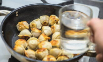 Zodra de dumplings bruin zijn, giet je ongeveer 1 liter kokend water in de koekenpan, zout en peper. De vloeistof moet de inhoud van de pan voor ongeveer de helft bedekken. Kook de dumplings afgedekt op laag vuur tot het water volledig is verdampt. Van tijd tot tijd moeten dumplings worden omgedraaid voor een gelijkmatigere bereiding. 