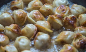 Serveer gefrituurde dumplings met gehakte kruiden, gegarneerd met verse zure room of ketchup. Eet smakelijk!