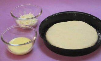 Perfora la part superior diverses vegades amb una forquilla o talla amb un ganivet. Barrejar la crema agra amb l'ou cru i remenar.
