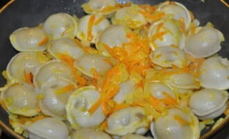 Meng dumplings met uien en wortels.