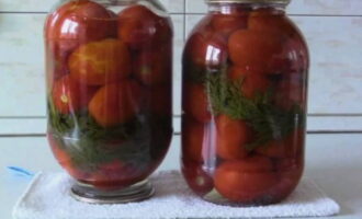 Aboqueu immediatament la quantitat necessària de vinagre en un pot de verdures escalfades i només després afegiu la marinada. Tapeu els tomàquets amb una tapa esterilitzada i comenceu a esterilitzar-los. Col·loqueu una tovallola al fons de la cassola, porteu l'aigua a ebullició i baixeu-hi el pot. Esterilitzar uns 10 minuts a 85 °C. A continuació, traieu el pot i enrotlleu la mateixa tapa amb una clau de cuina. Refredar cap per avall, cobert amb una manta i guardar al lloc més fresc possible.