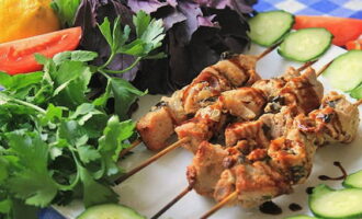 Serveer hete kebab in combinatie met verse groenten en kruiden. Eet smakelijk! 