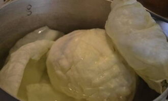 Koka upp vatten i en stor kastrull, tillsätt lite salt och sänk ner kålen i 2 minuter på den plats där du tidigare skar ut stjälken. Vänd sedan försiktigt på kålhuvudet och koka ytterligare några minuter. Använd två gafflar, separera bladen (var noga med att inte riva dem) och koka de redan separerade bladen i ca 1-2 minuter för mjukhet. Använder du ungkål behöver du inte koka den, häll bara kokande vatten över den. 