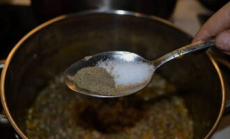 Vi kompletterar beredningen med salt och peppar. Koka upp och koka sedan i 10 minuter.