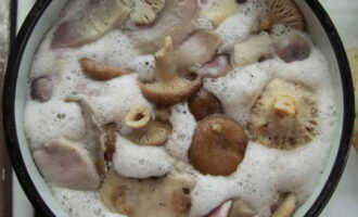 Paano maghanda ng masarap na mushroom caviar para sa taglamig? Balatan ang mga kabute, hugasan ng mabuti at pakuluan sa inasnan na tubig, patuloy na i-skim ang bula mula sa ibabaw ng tubig. Pagkatapos ay gumamit ng slotted na kutsara upang alisin ang mga mushroom mula sa kawali at hayaang lumamig.